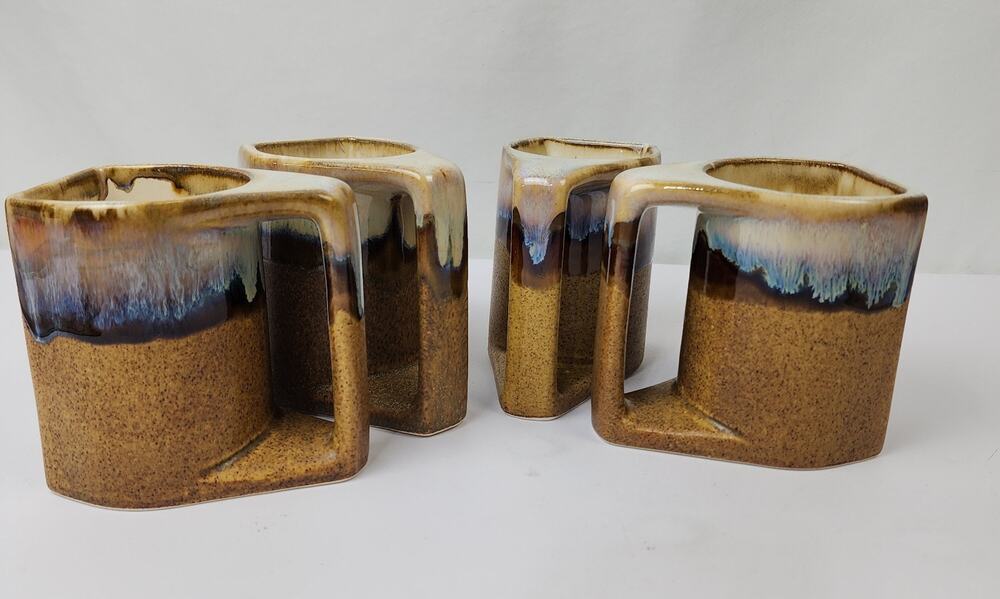 Rodolfo Padilla Brown Blue Tan Drip Glaze Stacking Mugs (4) No Stand - Excellent